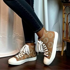 American Eagle Brown Canvas High-Top Sneakers with White Smiley Print